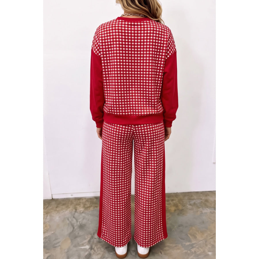 Khaki Color Block Plaid Patchwork Long Sleeve Pullover Wide Leg Pant Set Two Piece Sets/Pant Sets
