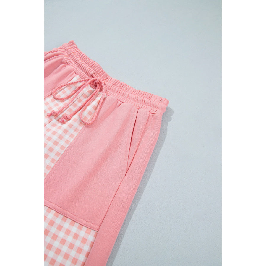 Khaki Color Block Plaid Patchwork Long Sleeve Pullover Wide Leg Pant Set Two Piece Sets/Pant Sets
