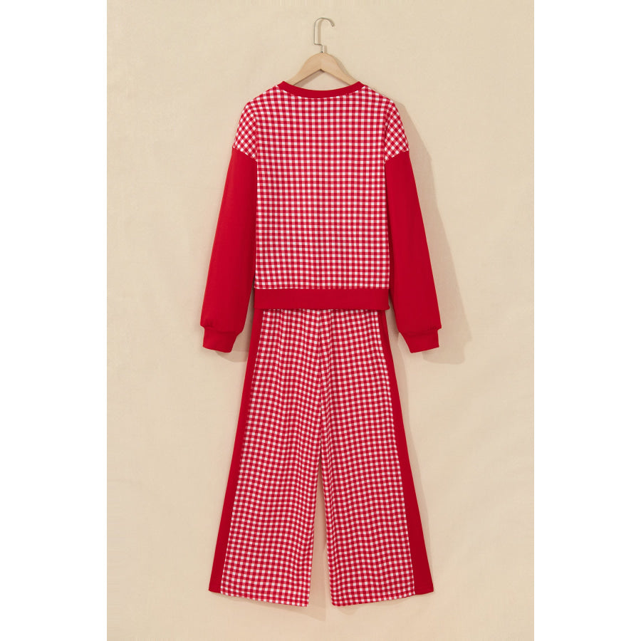 Khaki Color Block Plaid Patchwork Long Sleeve Pullover Wide Leg Pant Set Two Piece Sets/Pant Sets