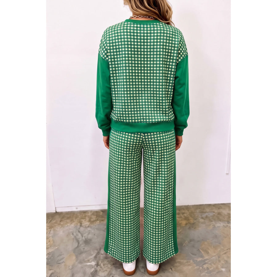 Khaki Color Block Plaid Patchwork Long Sleeve Pullover Wide Leg Pant Set Two Piece Sets/Pant Sets
