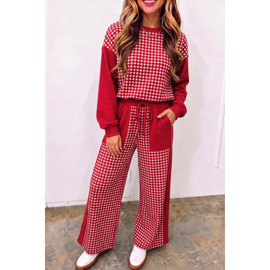 Khaki Color Block Plaid Patchwork Long Sleeve Pullover Wide Leg Pant Set Two Piece Sets/Pant Sets