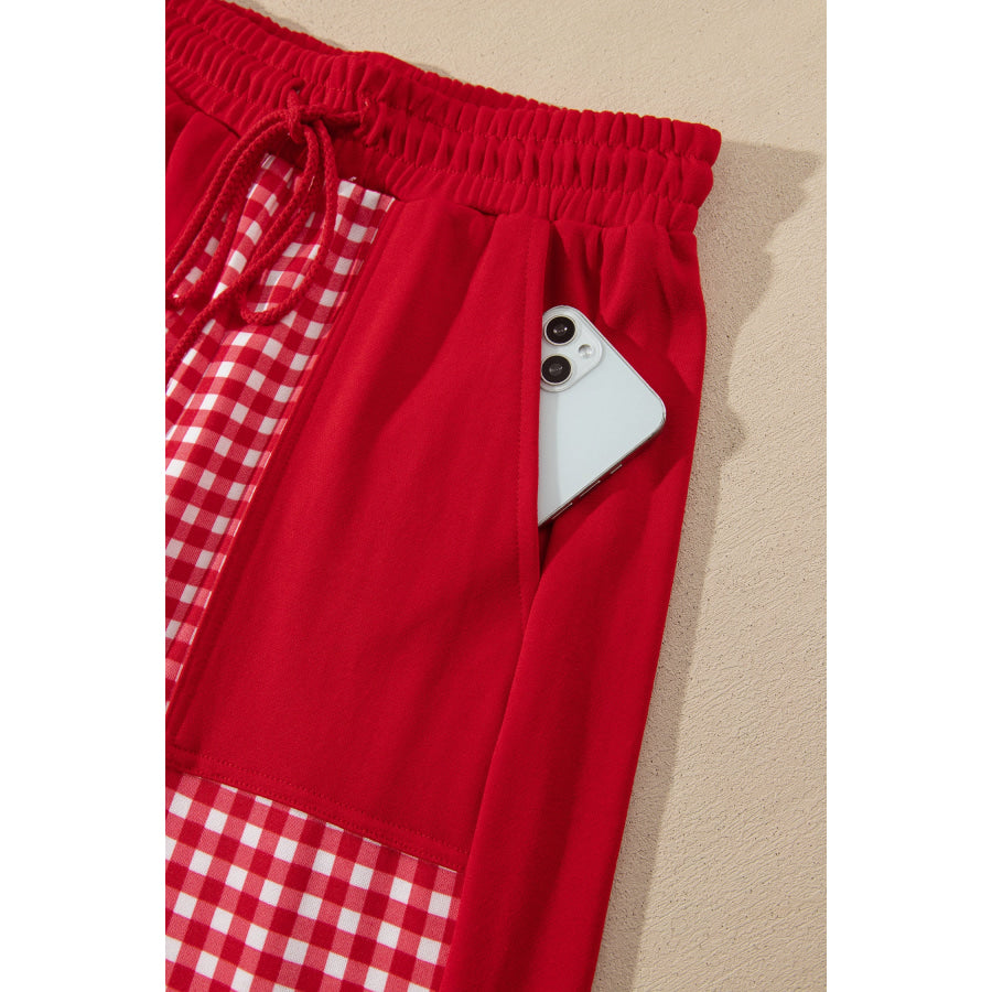 Khaki Color Block Plaid Patchwork Long Sleeve Pullover Wide Leg Pant Set Two Piece Sets/Pant Sets