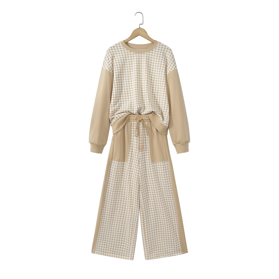 Khaki Color Block Plaid Patchwork Long Sleeve Pullover Wide Leg Pant Set Two Piece Sets/Pant Sets