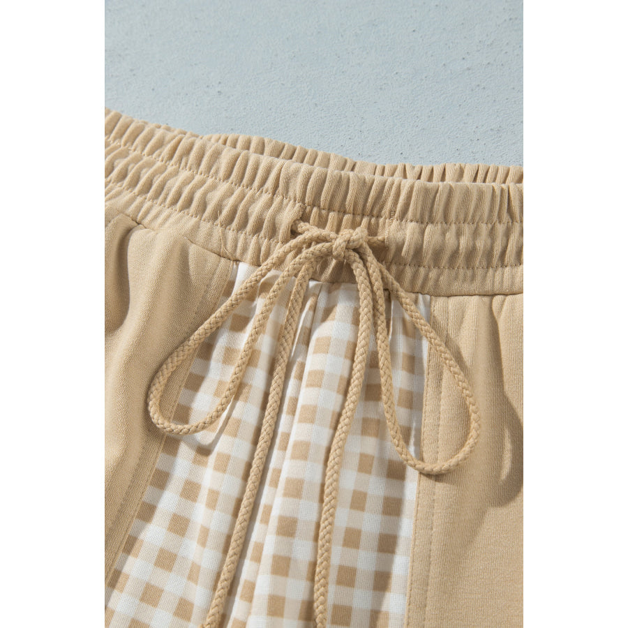 Khaki Color Block Plaid Patchwork Long Sleeve Pullover Wide Leg Pant Set Two Piece Sets/Pant Sets