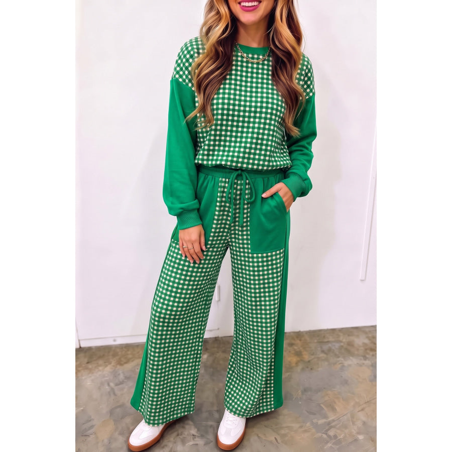 Khaki Color Block Plaid Patchwork Long Sleeve Pullover Wide Leg Pant Set Two Piece Sets/Pant Sets