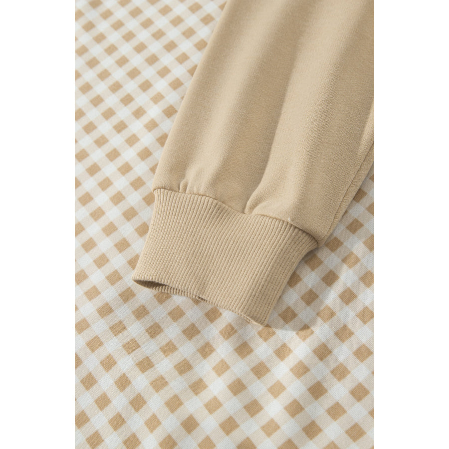 Khaki Color Block Plaid Patchwork Long Sleeve Pullover Wide Leg Pant Set Two Piece Sets/Pant Sets