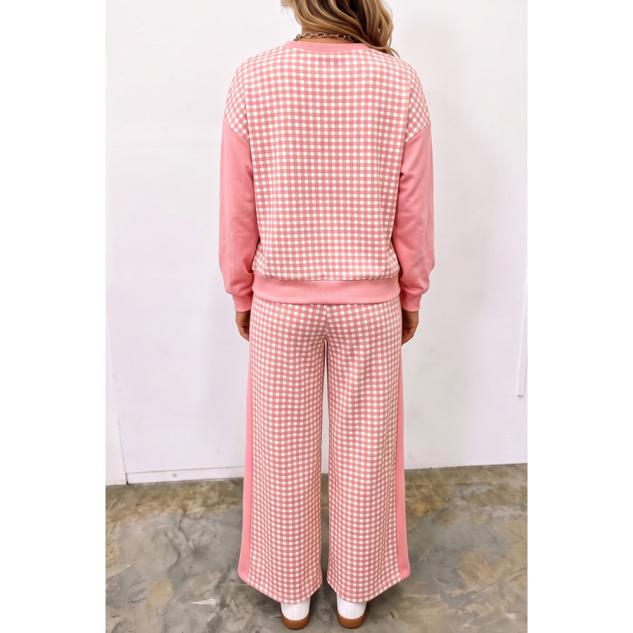 Khaki Color Block Plaid Patchwork Long Sleeve Pullover Wide Leg Pant Set Two Piece Sets/Pant Sets