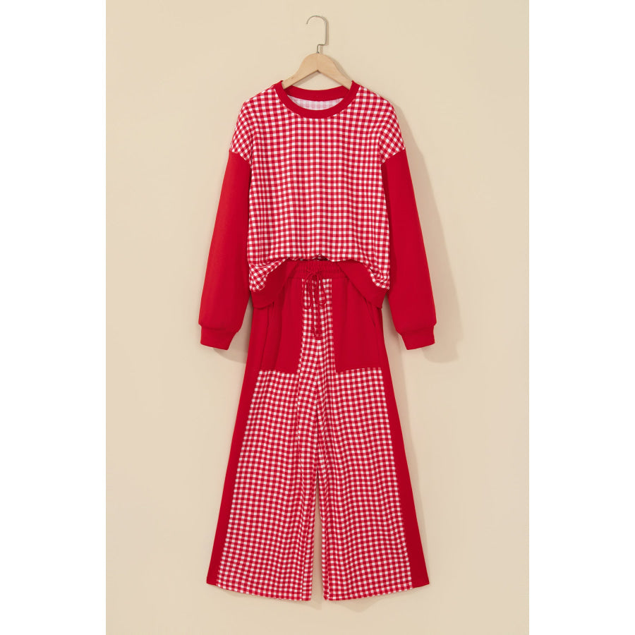 Khaki Color Block Plaid Patchwork Long Sleeve Pullover Wide Leg Pant Set Two Piece Sets/Pant Sets