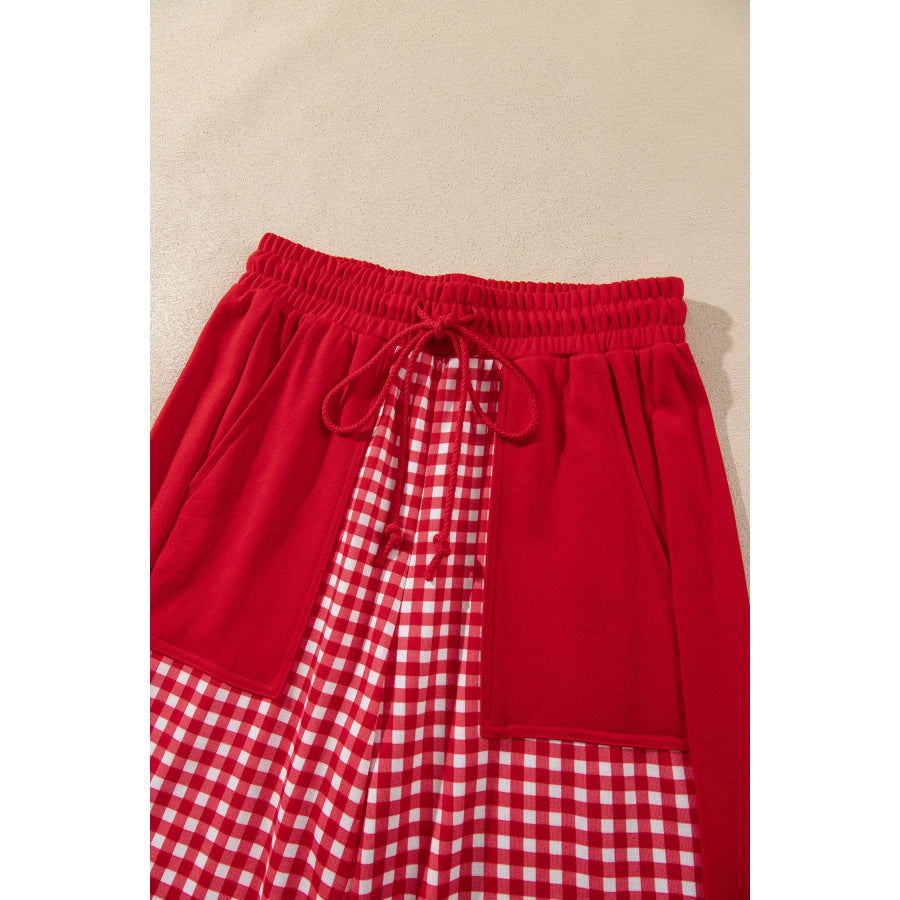 Khaki Color Block Plaid Patchwork Long Sleeve Pullover Wide Leg Pant Set Two Piece Sets/Pant Sets