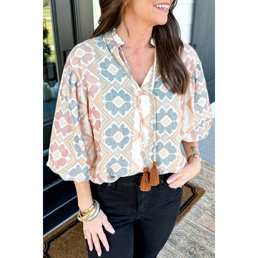 Khaki Geometric Print Tassel Tie Split Neck Balloon Sleeve Blouse Khaki / S / 100% Polyester Tops/Blouses & Shirts