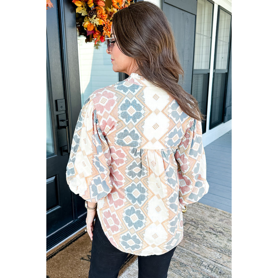 Khaki Geometric Print Tassel Tie Split Neck Balloon Sleeve Blouse Tops/Blouses & Shirts