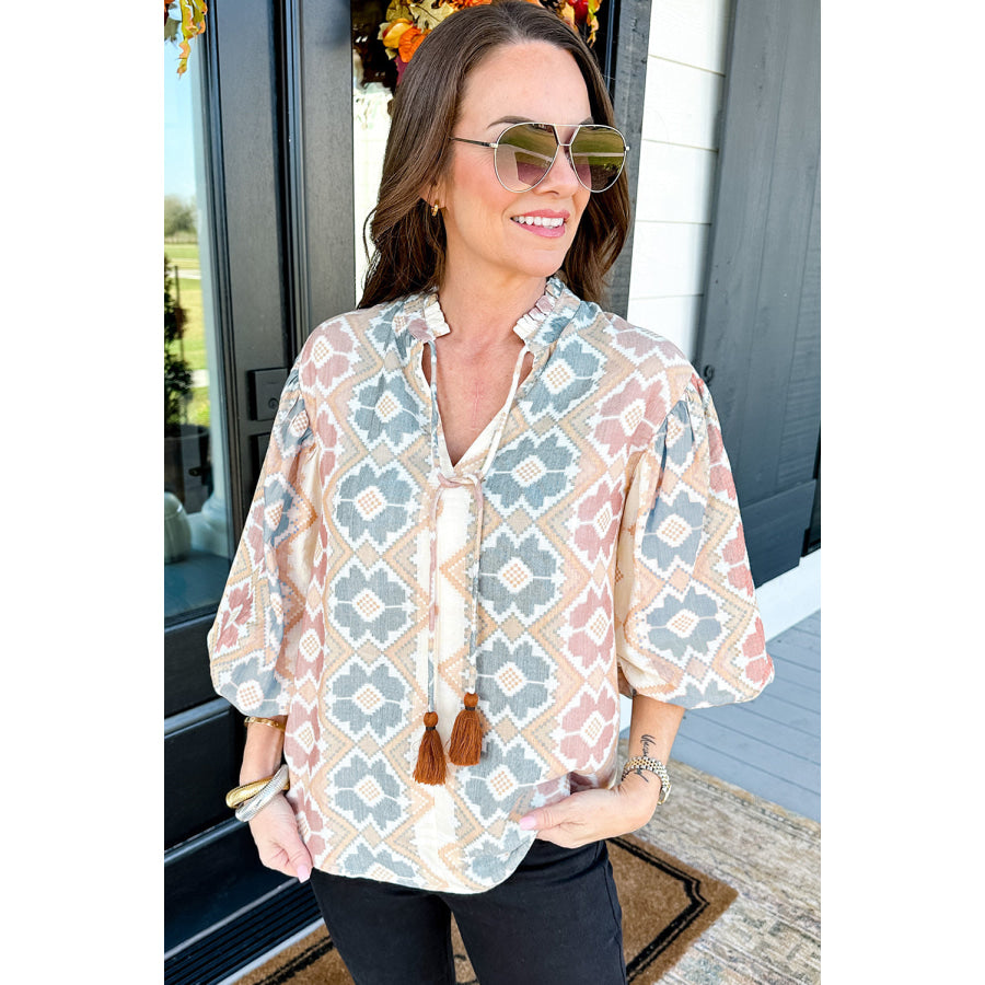 Khaki Geometric Print Tassel Tie Split Neck Balloon Sleeve Blouse Tops/Blouses & Shirts
