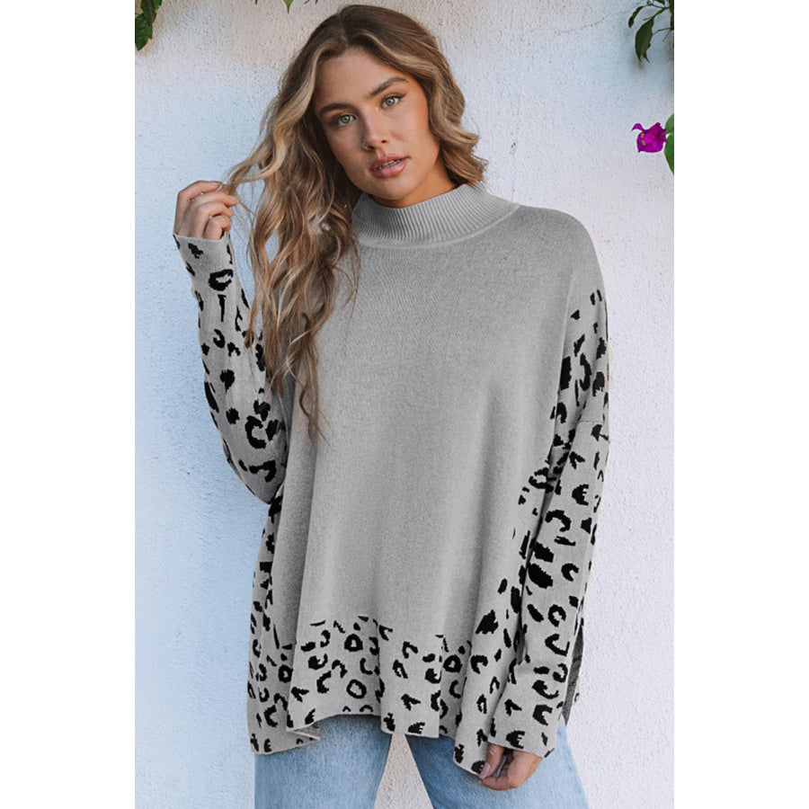 Khaki Leopard High Neck Side Slit Oversized Sweater Sweaters & Cardigans/Sweaters