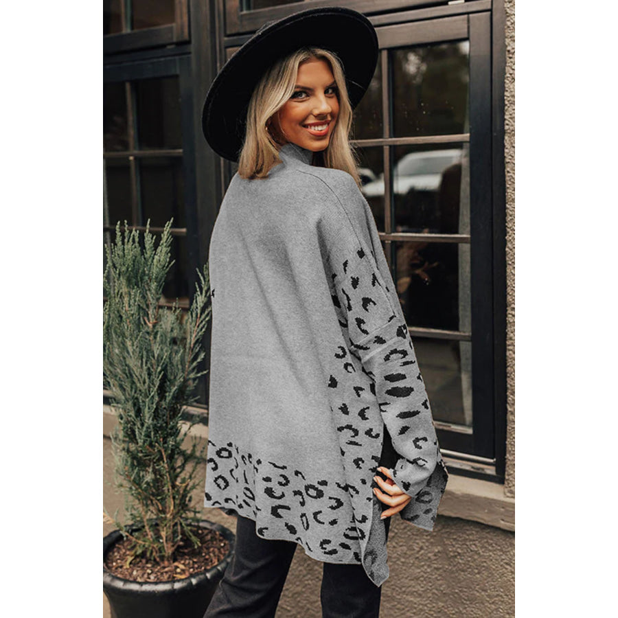 Khaki Leopard High Neck Side Slit Oversized Sweater Sweaters &amp; Cardigans/Sweaters