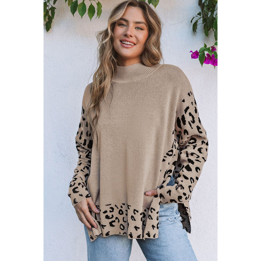 Khaki Leopard High Neck Side Slit Oversized Sweater Sweaters & Cardigans/Sweaters