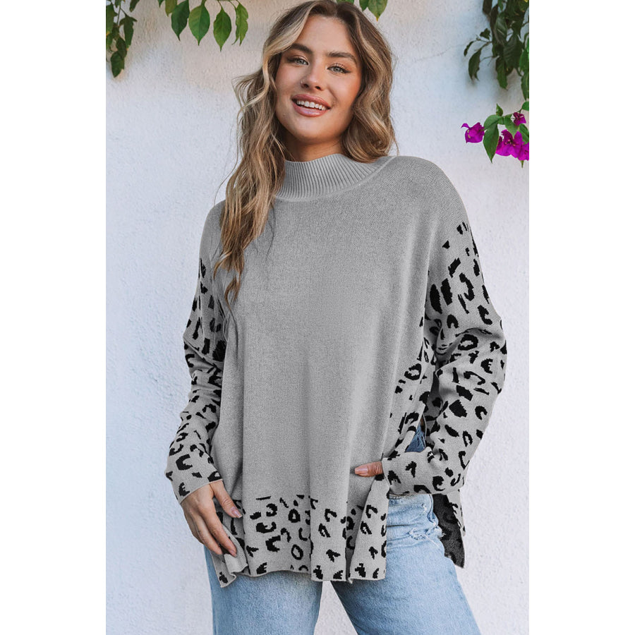 Khaki Leopard High Neck Side Slit Oversized Sweater Sweaters & Cardigans/Sweaters