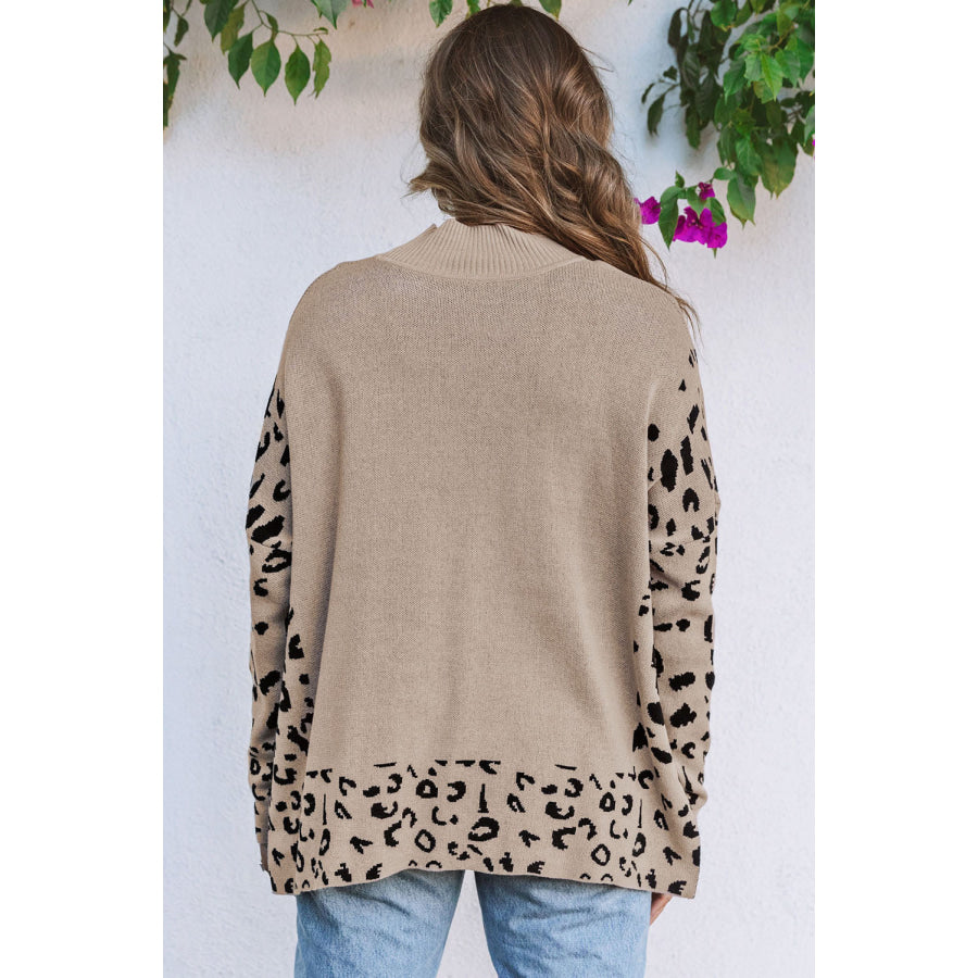 Khaki Leopard High Neck Side Slit Oversized Sweater Sweaters & Cardigans/Sweaters
