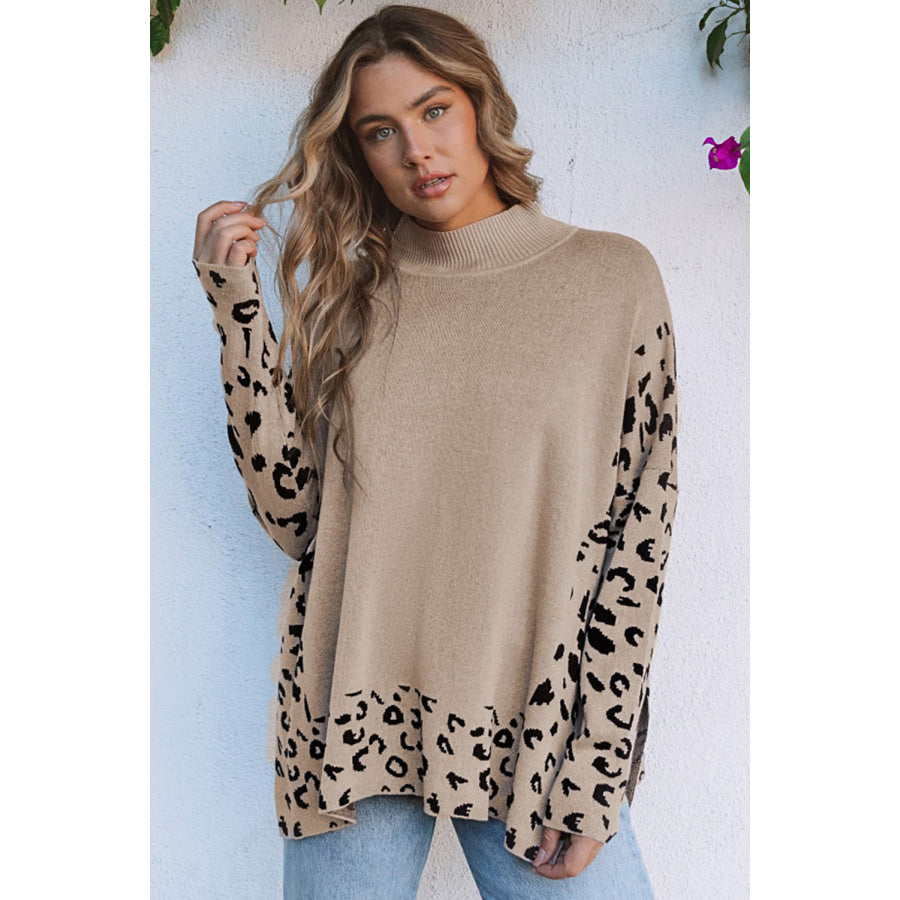 Khaki Leopard High Neck Side Slit Oversized Sweater Sweaters &amp; Cardigans/Sweaters