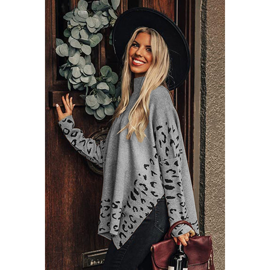 Khaki Leopard High Neck Side Slit Oversized Sweater Sweaters &amp; Cardigans/Sweaters