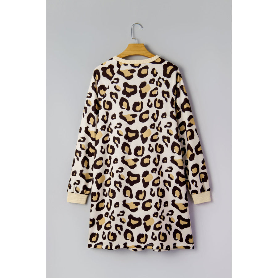 Khaki Leopard Long Sleeve Shift T Shirt Dress with Pockets Dresses/T Shirt Dresses