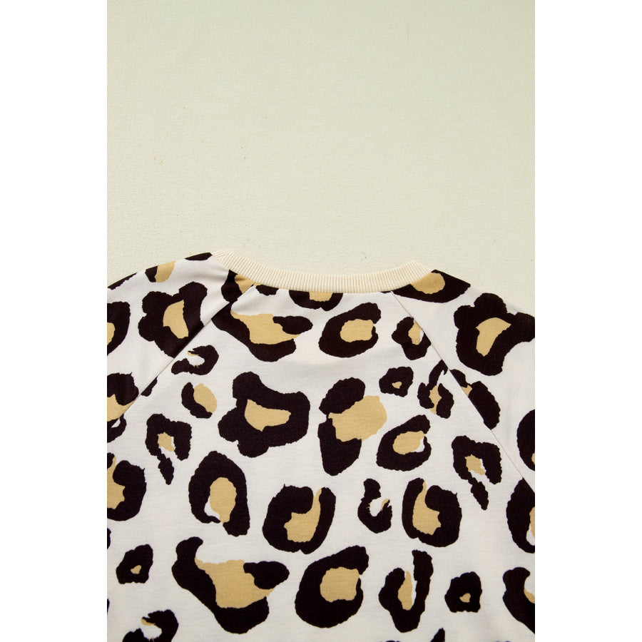 Khaki Leopard Long Sleeve Shift T Shirt Dress with Pockets Dresses/T Shirt Dresses