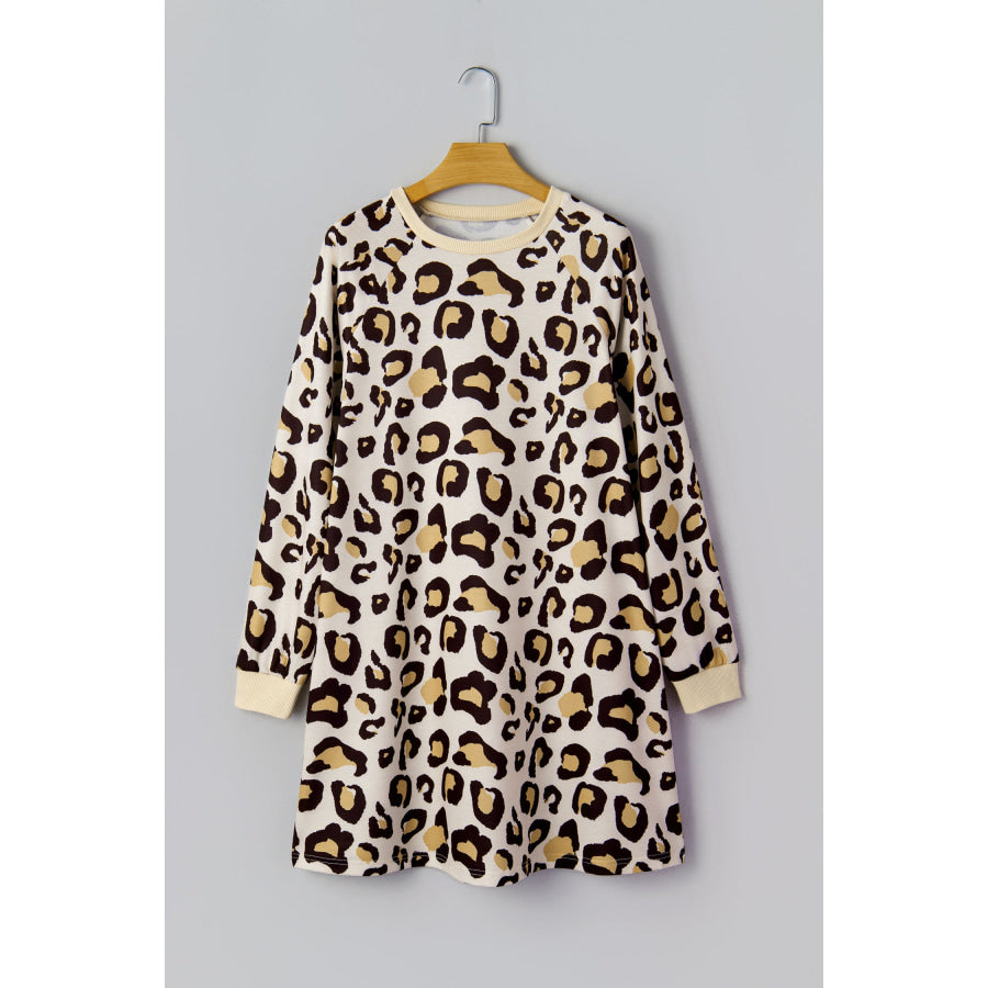 Khaki Leopard Long Sleeve Shift T Shirt Dress with Pockets Dresses/T Shirt Dresses