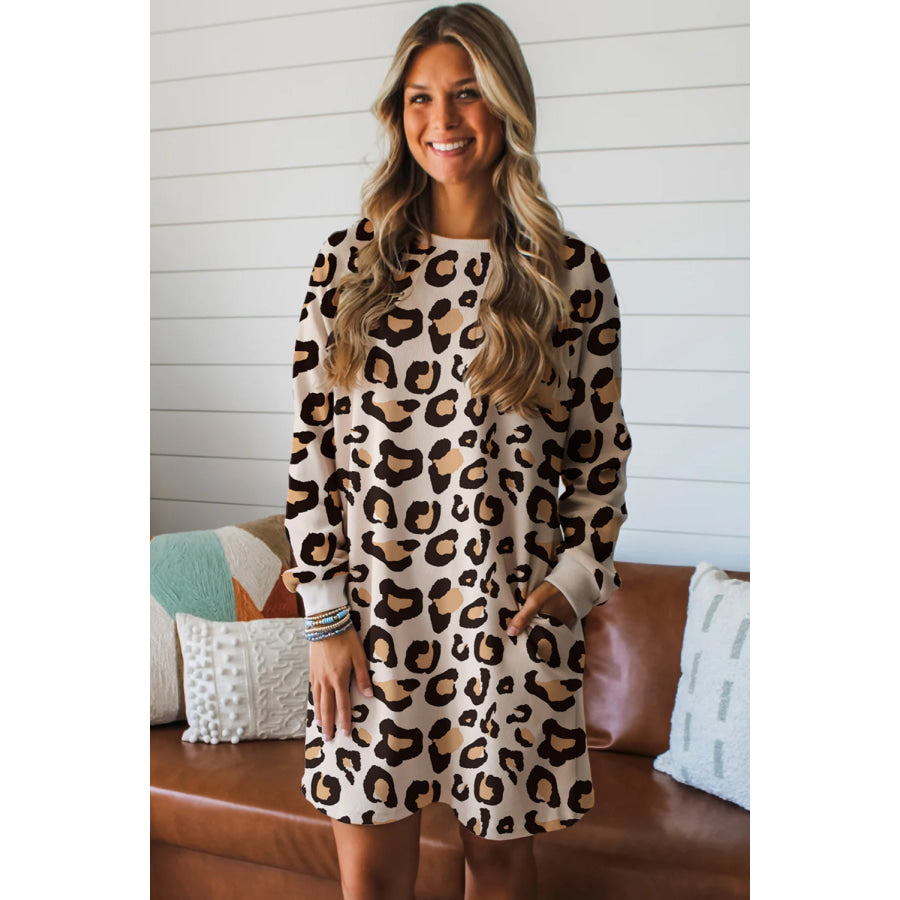 Khaki Leopard Long Sleeve Shift T Shirt Dress with Pockets Khaki / S / 95% Polyester + 5% Elastane Dresses/T Shirt Dresses