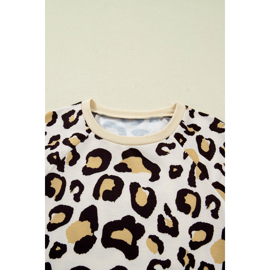Khaki Leopard Long Sleeve Shift T Shirt Dress with Pockets Dresses/T Shirt Dresses