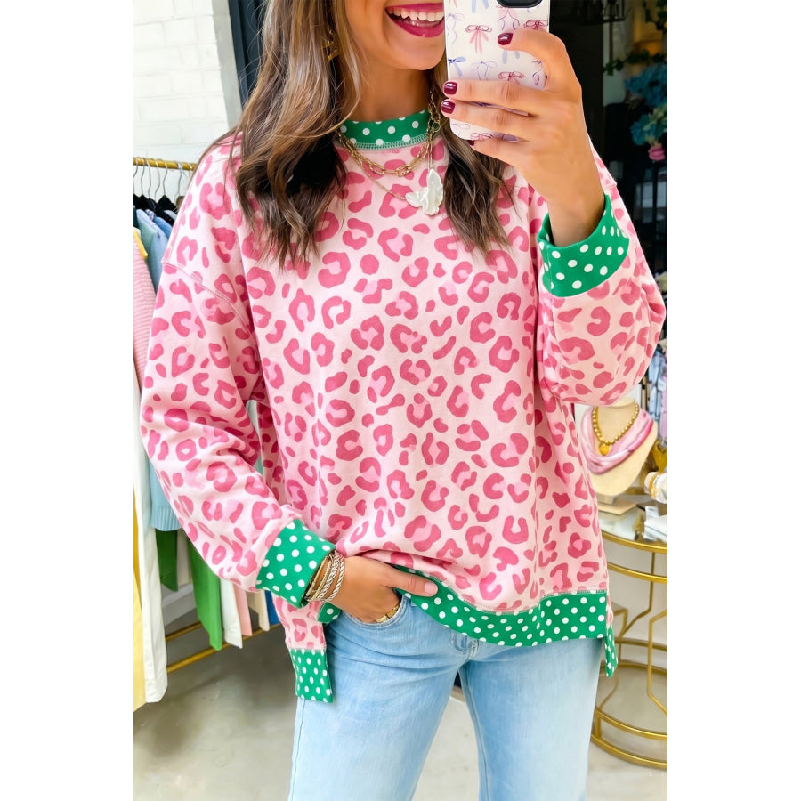Khaki Leopard Polka Dot Colorblock Trim Long Sleeve Top Pink / S / 100% Polyester Tops/Long Sleeve Tops