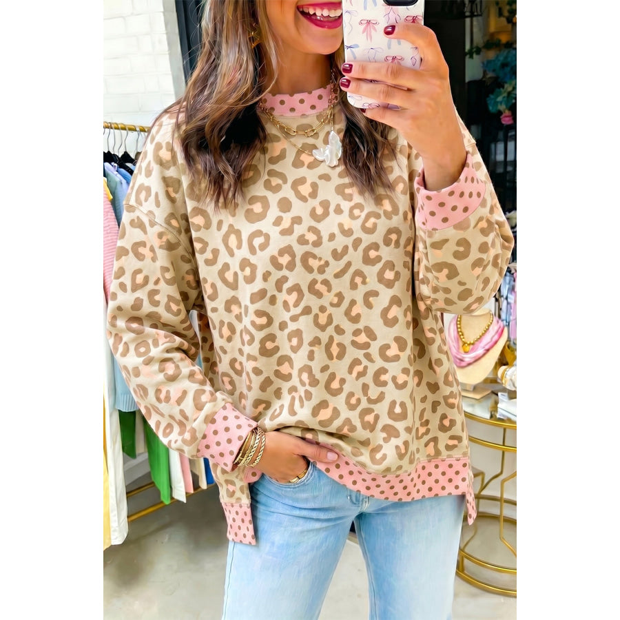 Khaki Leopard Polka Dot Colorblock Trim Long Sleeve Top Khaki / S / 100% Polyester Tops/Long Sleeve Tops