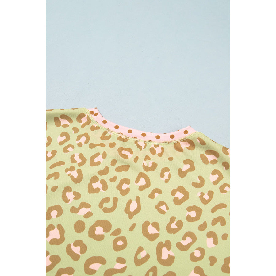 Khaki Leopard Polka Dot Colorblock Trim Long Sleeve Top Khaki / S / 100% Polyester Tops/Long Sleeve Tops