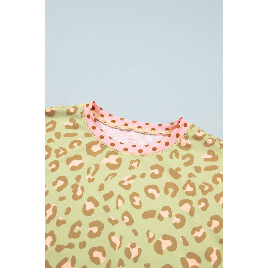 Khaki Leopard Polka Dot Colorblock Trim Long Sleeve Top Tops/Long Sleeve Tops