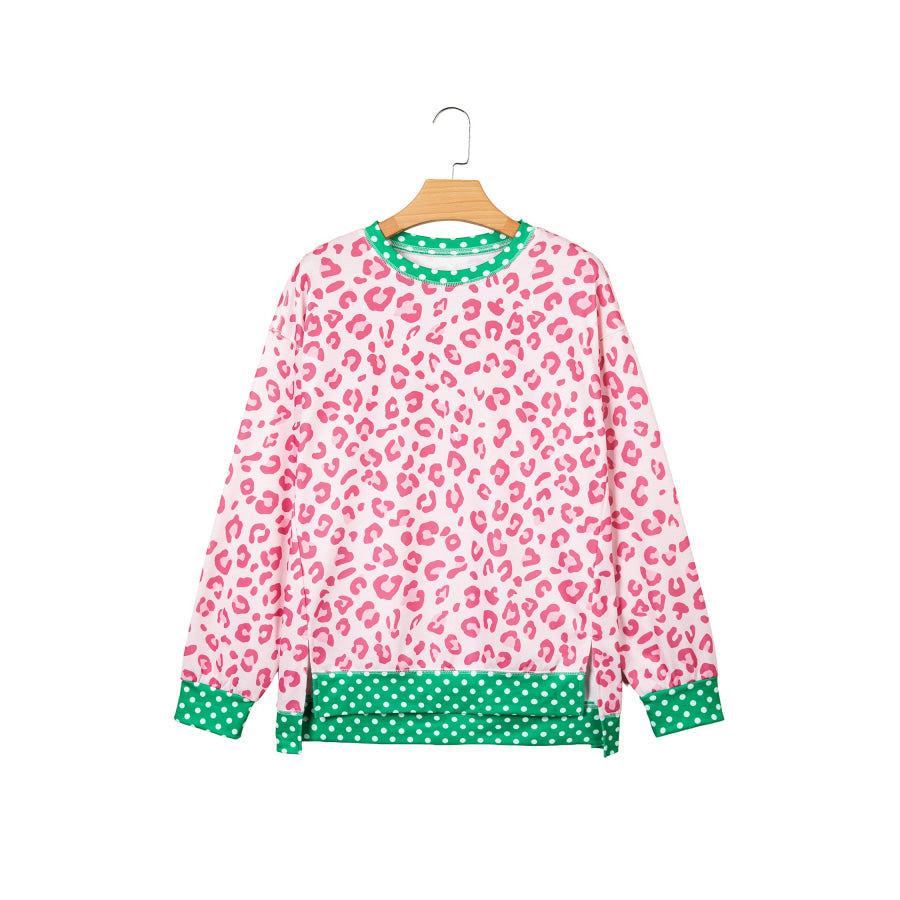 Khaki Leopard Polka Dot Colorblock Trim Long Sleeve Top Tops/Long Sleeve Tops