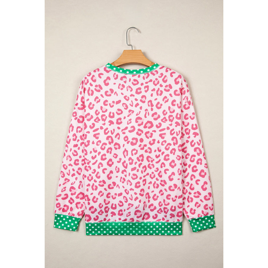 Khaki Leopard Polka Dot Colorblock Trim Long Sleeve Top Tops/Long Sleeve Tops