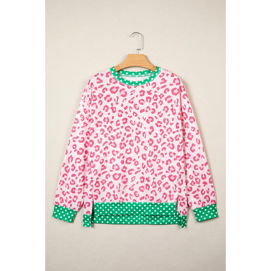 Khaki Leopard Polka Dot Colorblock Trim Long Sleeve Top Tops/Long Sleeve Tops
