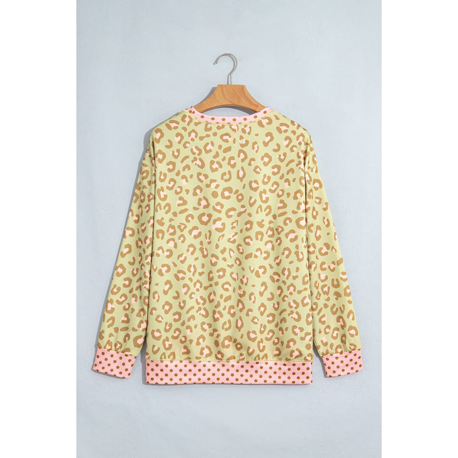 Khaki Leopard Polka Dot Colorblock Trim Long Sleeve Top Tops/Long Sleeve Tops