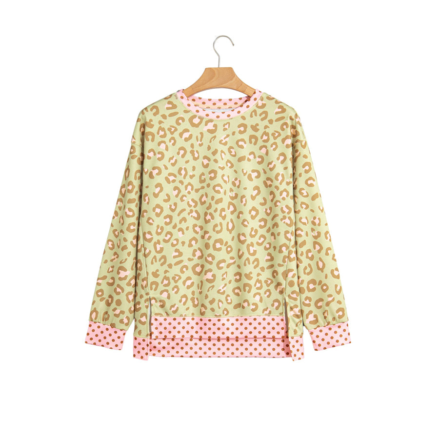 Khaki Leopard Polka Dot Colorblock Trim Long Sleeve Top Tops/Long Sleeve Tops