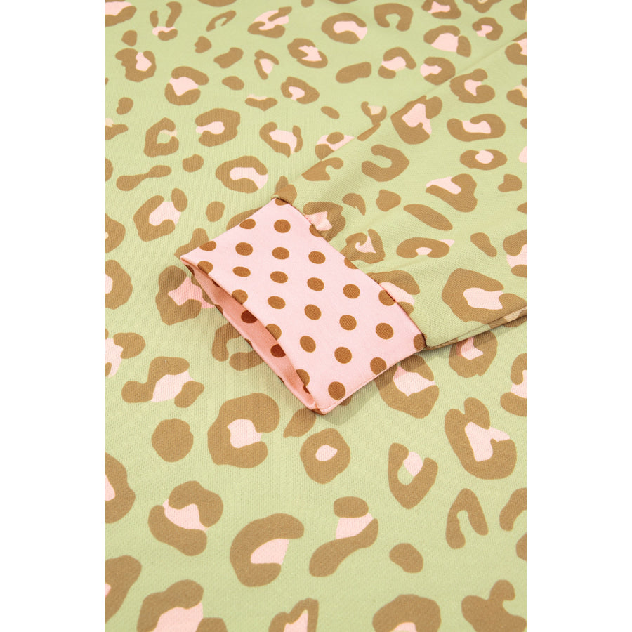 Khaki Leopard Polka Dot Colorblock Trim Long Sleeve Top Tops/Long Sleeve Tops