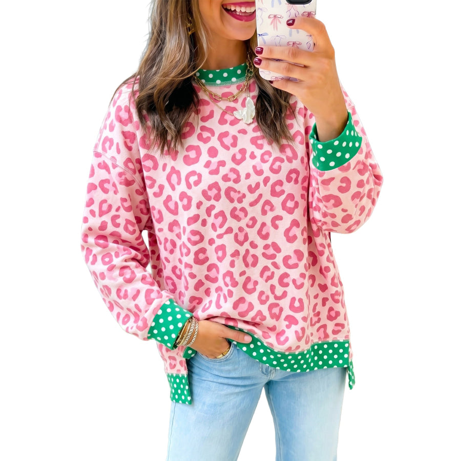 Khaki Leopard Polka Dot Colorblock Trim Long Sleeve Top Tops/Long Sleeve Tops