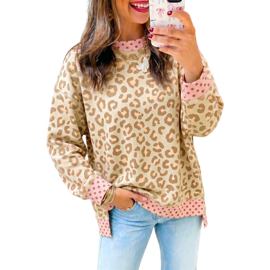 Khaki Leopard Polka Dot Colorblock Trim Long Sleeve Top Khaki / S / 100% Polyester Tops/Long Sleeve Tops
