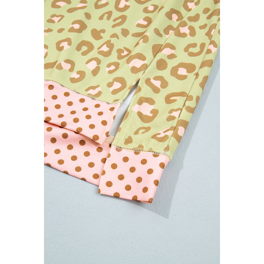 Khaki Leopard Polka Dot Colorblock Trim Long Sleeve Top Tops/Long Sleeve Tops