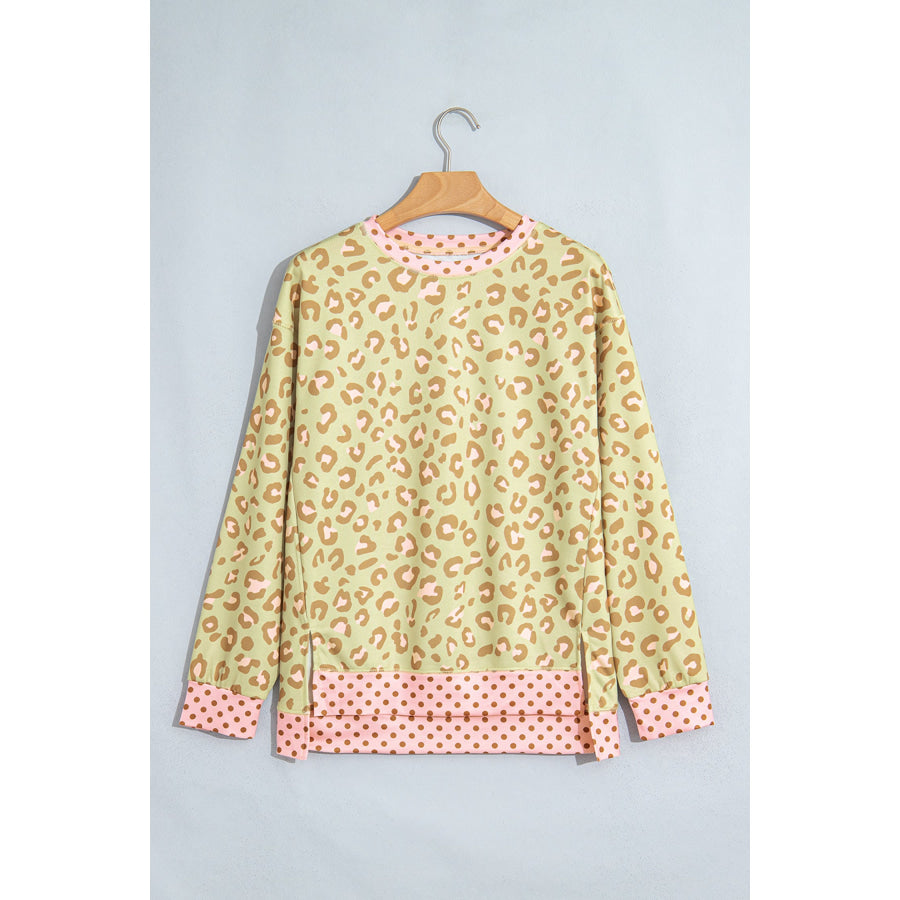 Khaki Leopard Polka Dot Colorblock Trim Long Sleeve Top Tops/Long Sleeve Tops