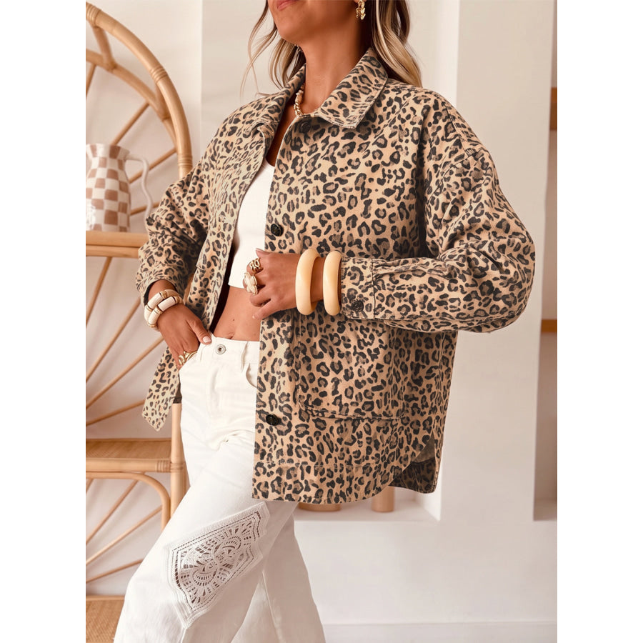 Khaki Leopard Print Collar Long Sleeve Patch Pocket Shift Denim Jacket Outerwear/Denim jackets