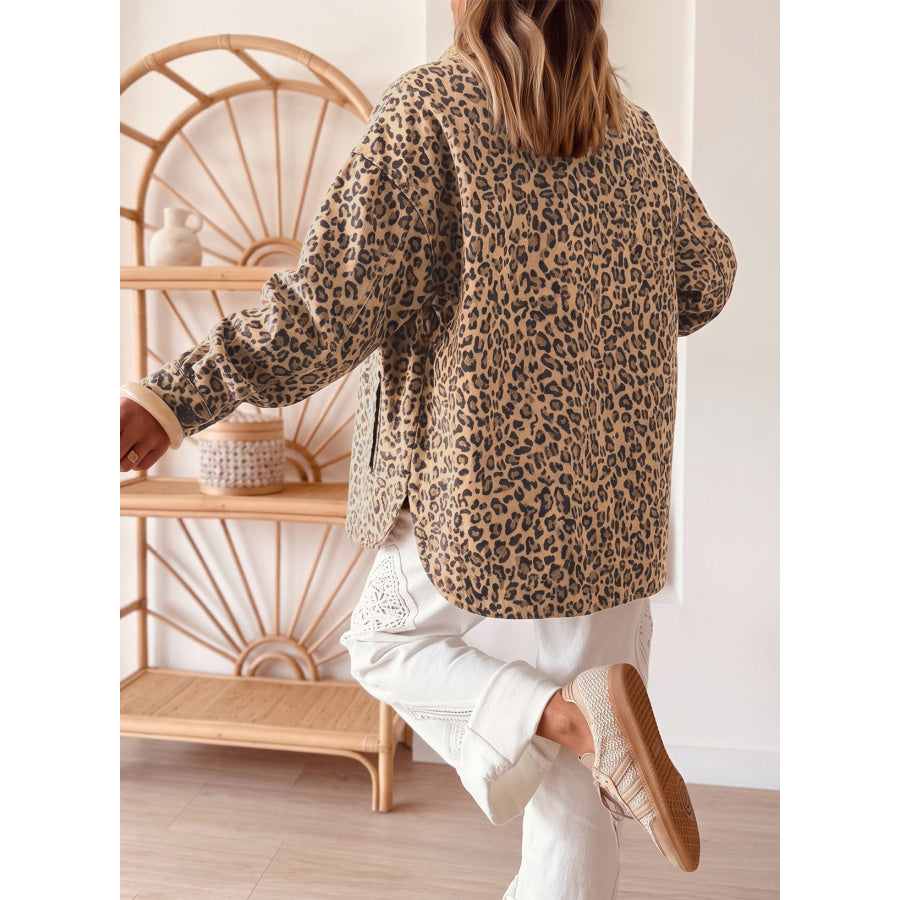 Khaki Leopard Print Collar Long Sleeve Patch Pocket Shift Denim Jacket Outerwear/Denim jackets