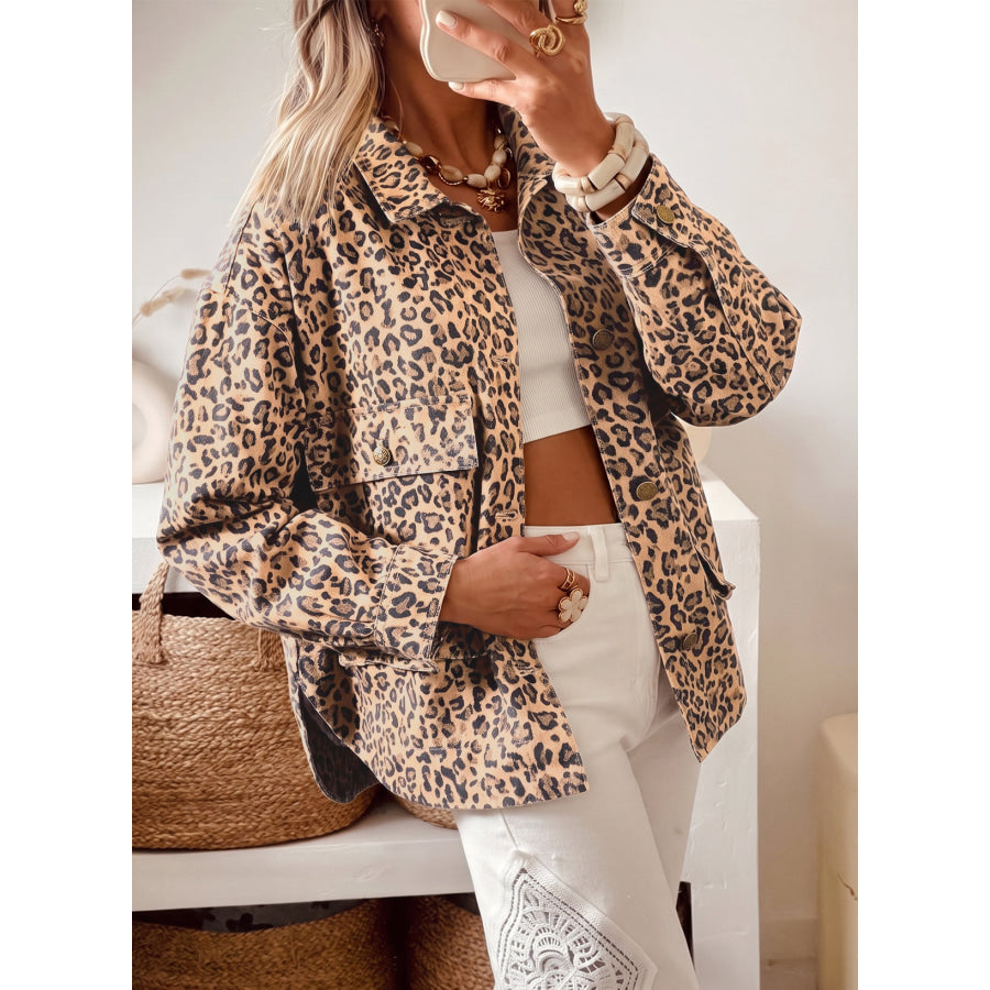 Khaki Leopard Print Collar Long Sleeve Patch Pocket Shift Denim Jacket Khaki / S / 100% Cotton Outerwear/Denim jackets