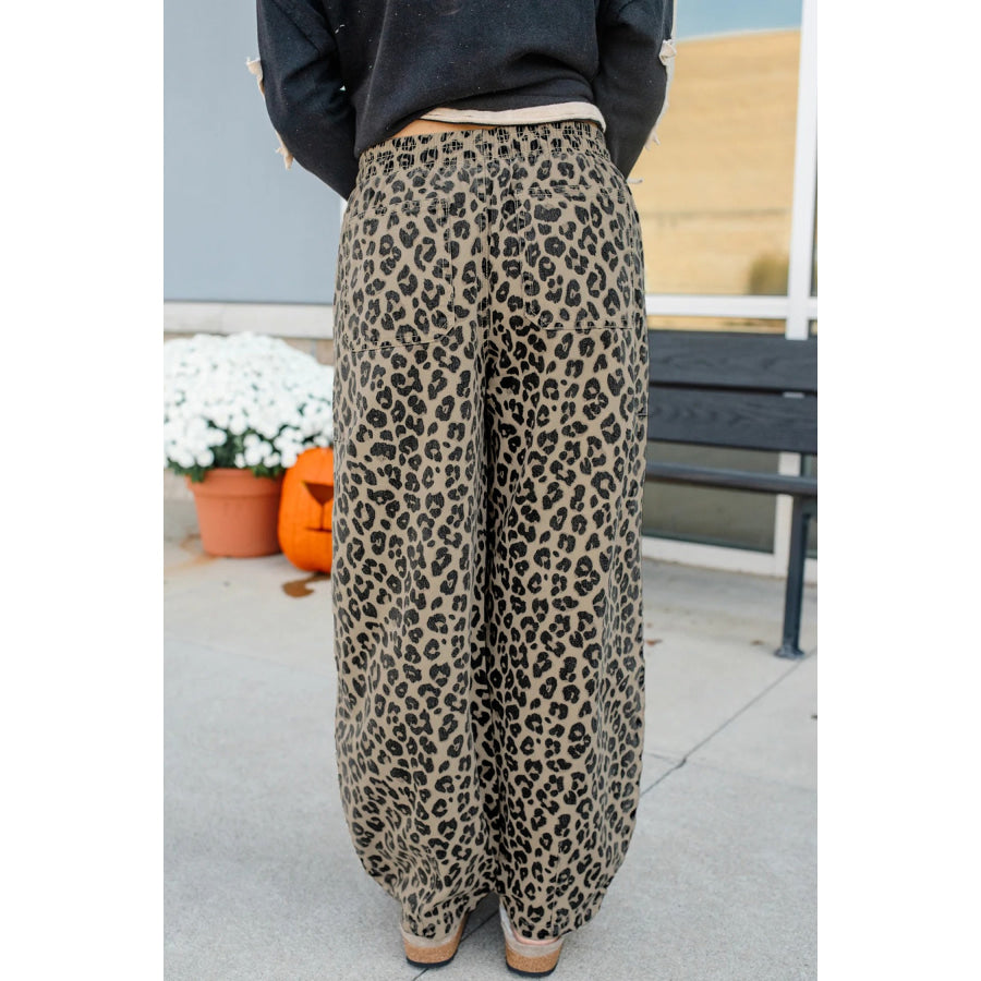 Khaki Leopard Print Drawstring Elastic Waist Loose Denim Pants with Pockets Khaki / 4 / 56.7% Polyester + 40.9% Cotton + 2.4% Elastane