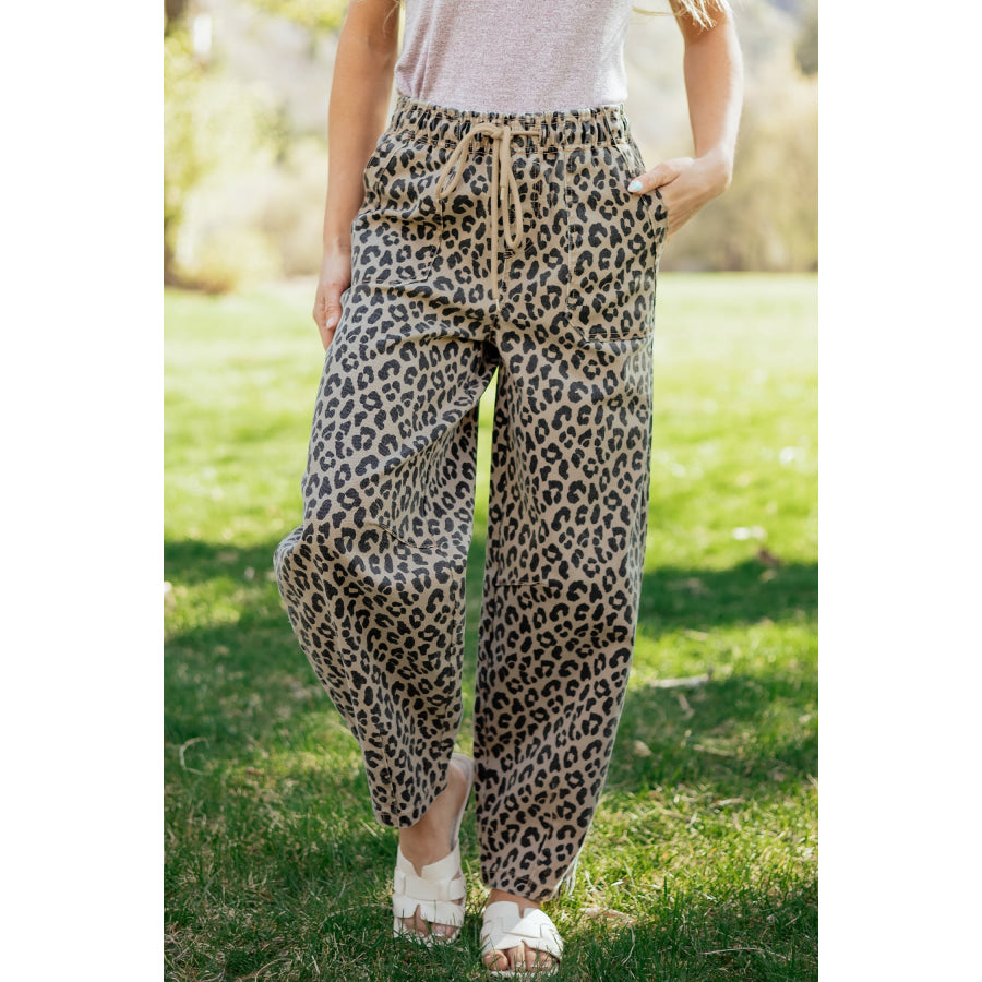 Khaki Leopard Print Drawstring Elastic Waist Loose Denim Pants with Pockets Bottoms/Jeans