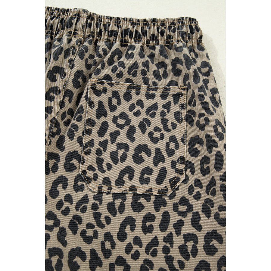 Khaki Leopard Print Drawstring Elastic Waist Loose Denim Pants with Pockets Bottoms/Jeans
