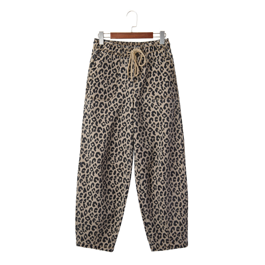Khaki Leopard Print Drawstring Elastic Waist Loose Denim Pants with Pockets Bottoms/Jeans