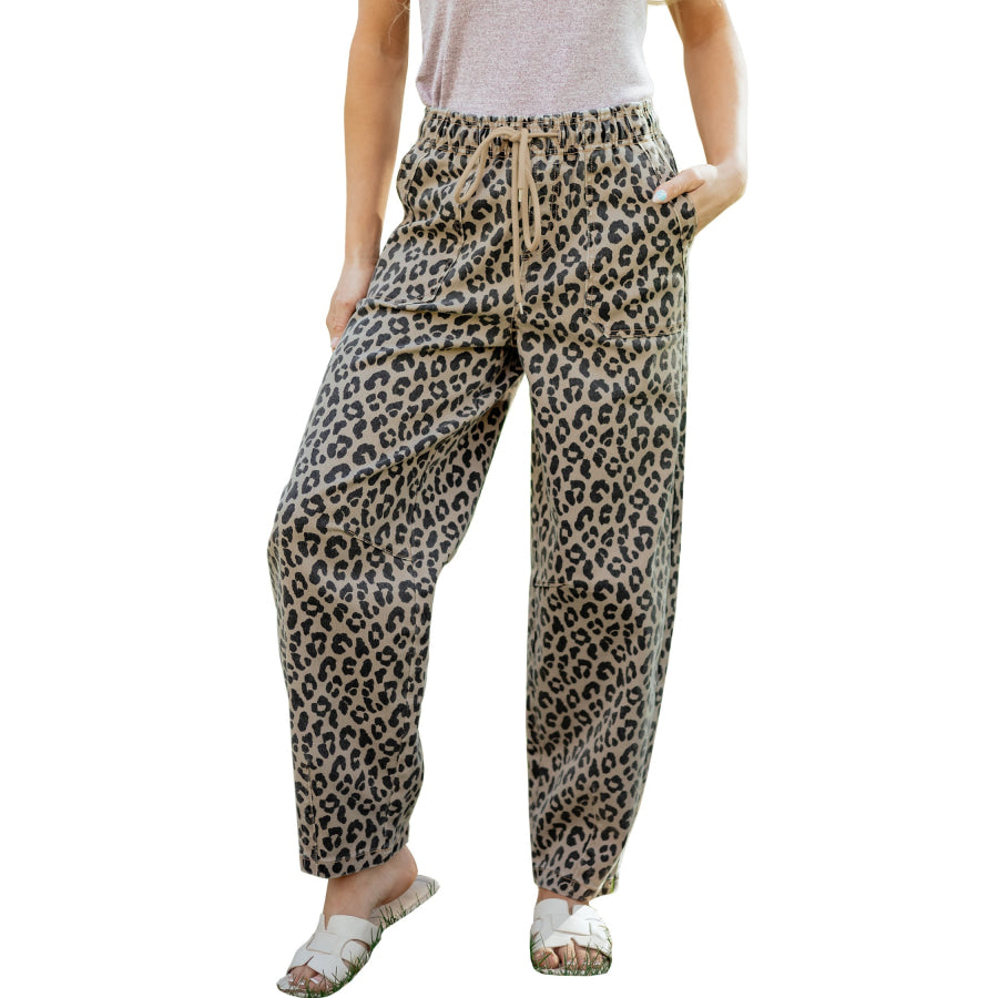 Khaki Leopard Print Drawstring Elastic Waist Loose Denim Pants with Pockets Bottoms/Jeans